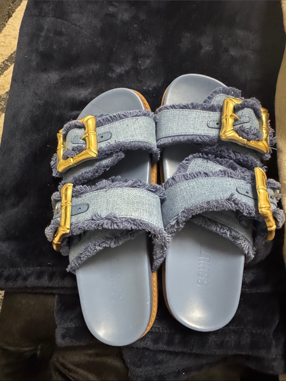 SCHUTZ Light Blue Denim Double-Buckle Sandals with Gold Buckles